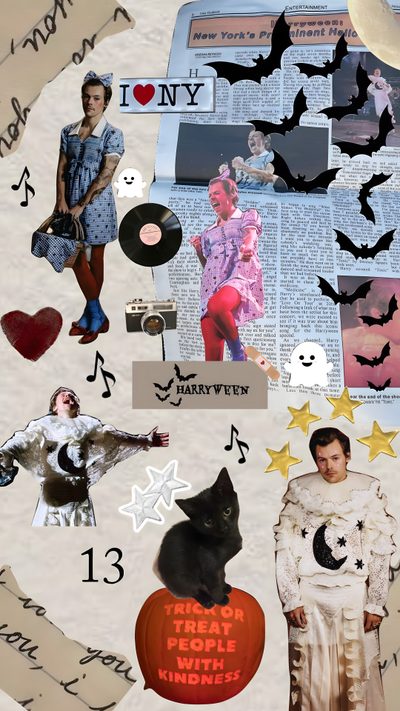 a collage of halloween pictures with cats, bats, and other things in them Harry Styles Happy Halloween Iphone Movie Posters, Harry Styles Harryween Outfits, Harry Styles, dark gray