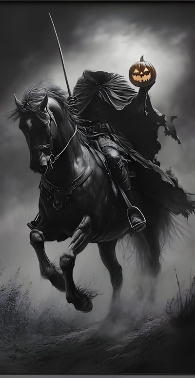 a man riding on the back of a horse next to a jack - o'- lantern Halloween Headless Horseman Halloween Decoration Ideas, Black And White Halloween Theme, Halloween Spooky Art, dark slate gray
