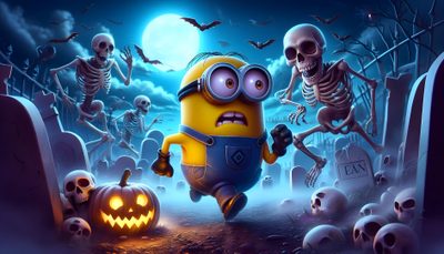 a cartoon minion running through a graveyard with skeletons and jack - o'- lanterns Minion Halloween Desktop Spooky Minion Meme, Minions Dvd, Halloween, Minions, dark slate gray