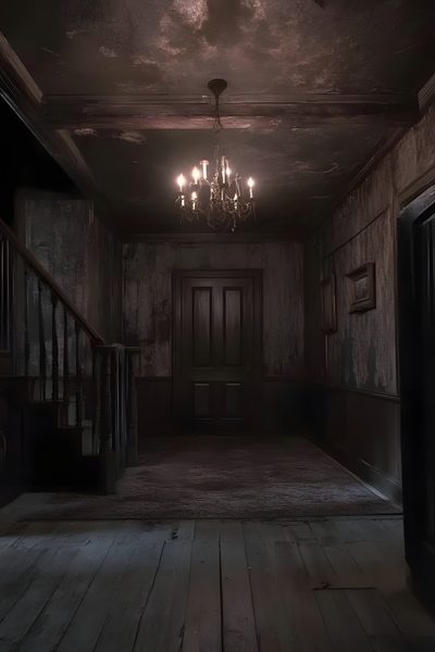 an empty dark hallway with chandelier and wooden floors in the house or apartment Halloween Creepy House Halloween House Inside, Horror House Interior, Inside A Haunted House, dark slate gray