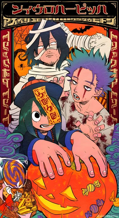 an anime poster with two people and a pumpkin Mha Halloween Phone Mha Fall, Mha Thanksgiving, My Hero Academia Thanksgiving, Aesthetic Mha Halloween, sienna