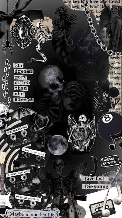 a collage of black and white images with skulls, bones, and other items Lockscreen Grunge Edgy Aesthetic Halloween Skeleton Background, Skeletons, Skeleton, dark slate gray
