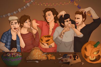 a group of people standing next to each other in front of a table full of food One Direction Halloween One Direction Fan Art, One Direction Cartoons, One Direction Art, saddle brown