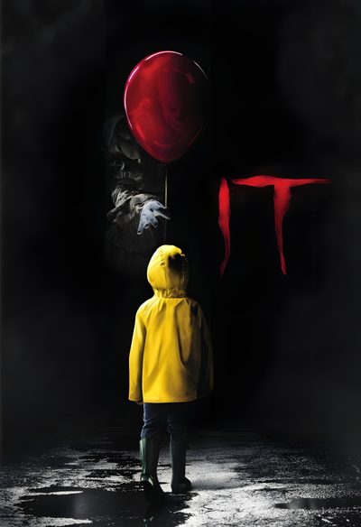 a child in yellow raincoat holding a red balloon with the letter t on it Halloween From Hollywood Movies It Poster, It By Stephen King, Stephen King It Poster, It Movie, black