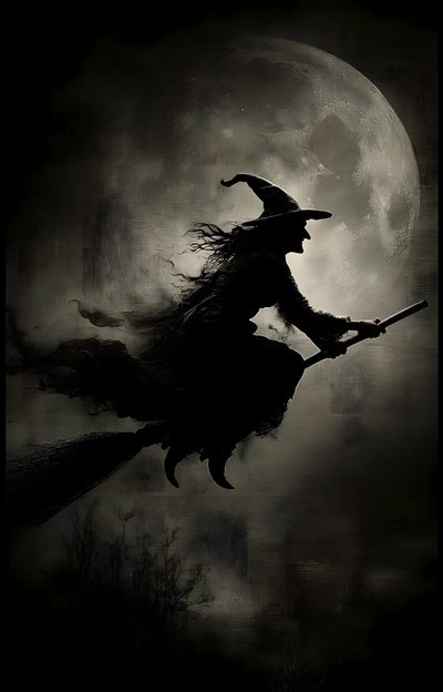 a black and white photo of a witch flying in front of the moon with her broom Vintage Halloween Witch Vintage Witch Photos, Witch Flying On Broom, Happy Halloween Pictures, Witch, black