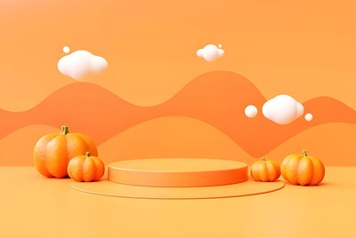 three orange pumpkins sitting in front of an orange background with mountains and clouds above them Halloween Podium Autumn Background For Product Display, Halloween Podium, Orange Podium, sandy brown
