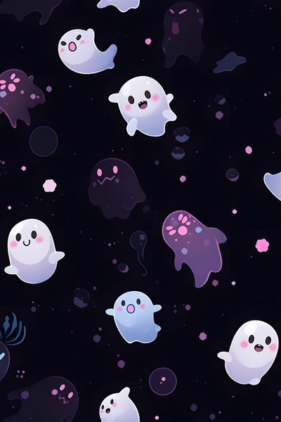 a group of ghost floating in the air on a black background with pink and blue bubbles Purple Halloween Boo Ghost Cute, Dark Creative, Cute Halloween, Cute Ghost, black