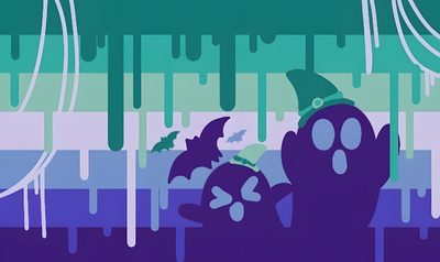 a purple and green poster with bats flying over it's head in front of an abstract background Gay Halloween Flag Creator, Funny Medieval, Christmas Tree, Bisexual Flag, Gay Flag, Gay Memes, steel blue