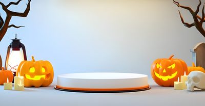 two carved pumpkins sitting on top of a white surface next to candles and lanterns Halloween Podium Halloween Podium, Halloween Party Background, Halloween Background Realistic, light gray