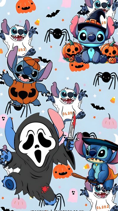 cartoon characters with pumpkins and bats on a blue background Stitch Halloween For Ipad Cute Halloween Stitch Backgrounds, Pretty Backgrounds, Halloween, silver
