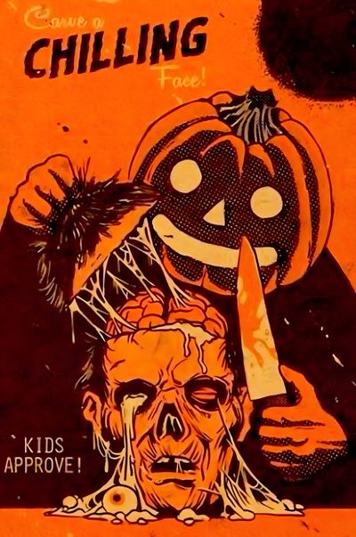 an orange poster with a creepy face and a knife Old School Halloween Halloween Posters Aesthetic, Halloween Aesthetic Poster, Halloween Poster Aesthetic, saddle brown