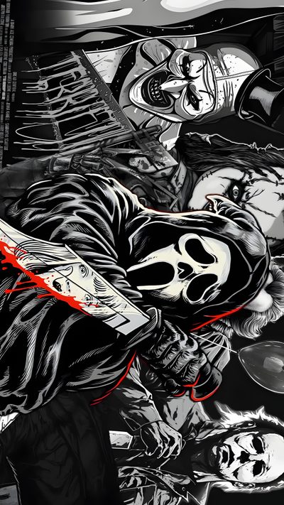 a black and white drawing of a person holding a snowboard in front of other people Juvea Halloween 4k Ghostface Cool, Ipad Horror, Cool Ghostface, 4k Pc Gamer, Chromebook, black
