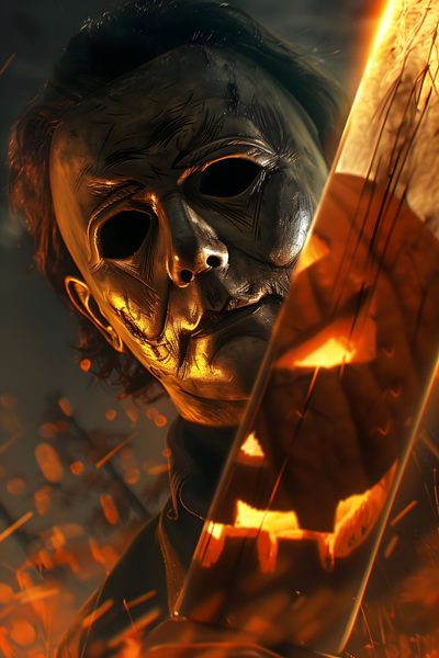 a creepy looking man holding a knife in front of a fire filled field with pumpkins Mike Myers Halloween Michael Myers Art, Horror Movie Tattoos, Movie Tattoos, Scary Movie Characters, maroon