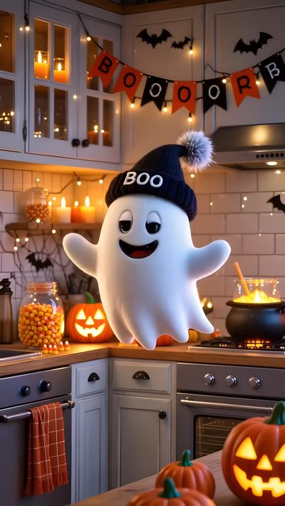 a kitchen decorated for halloween with pumpkins and decorations on the counter, including a ghost Halloween 3d Gif Halloween 2025 Gif, Halloween 2024 Gif, Happy Halloween 2025 Gif, Halloween Video, sienna