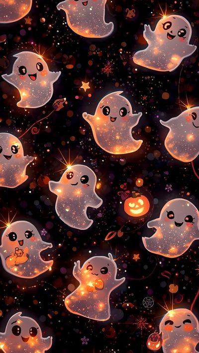 many glowing ghost like objects on a black background with stars and sparkles around them Halloween Iphone 13 Frozen, Halloween Iphone Backgrounds, Image Halloween, Halloween Backgrounds, black