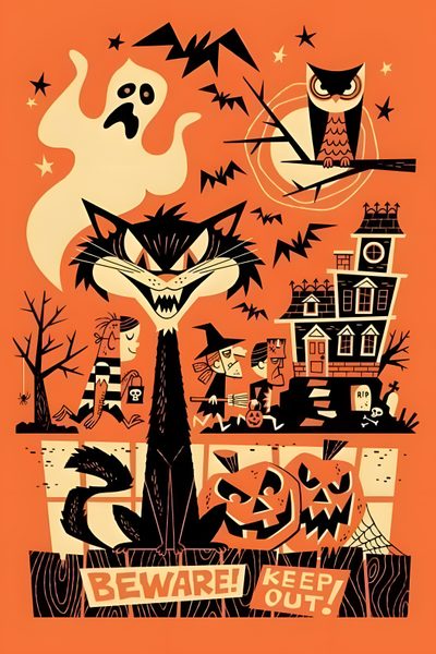 an orange poster with black cats and bats on it's face, the words beware Beistle Halloween Rankin Bass, Retro Bats, Vintage Halloween Bat Art, Halloween Design Illustration, tomato