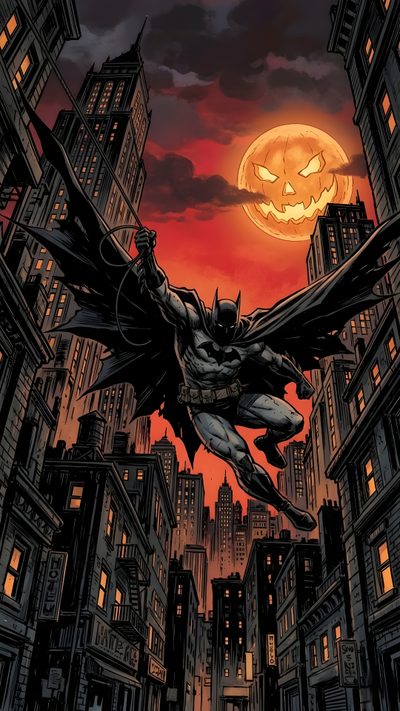 a batman flying through the air in front of a full moon and cityscape Dc Halloween Dc, Batman Arkham Knight Concept Art, Batman The Long Halloween, dark slate gray