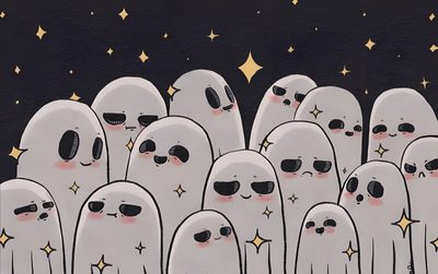 a group of ghost like people standing in front of stars Kawaii Halloween Desktop Ghost Aesthetic Laptop, Ghost Desktop Aesthetic, Ghost Computer, dark gray