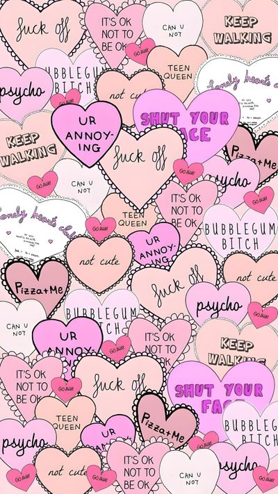 many hearts with words written on them in pink and purple colors, all arranged together Halloween Conversation Hearts Creative Phone Ideas, Cute Text Art Design, Funny Text Art Inspiration, pink