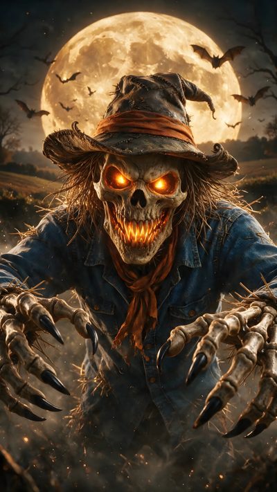 a creepy scarecrow with glowing eyes and hands in front of a full moon Scary Halloween Characters Monster Board, Skeletal, Halloween Monster, Creepy Halloween, dark slate gray