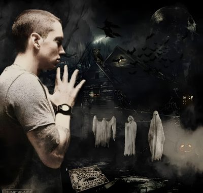 a man standing in front of a group of ghost Eminem Halloween Eminem The Candy, Eminem Godzilla Cover Art, Slim Shady Halloween, Eminem And Proof, black