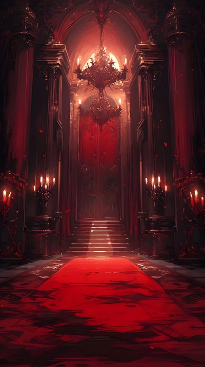 a red carpeted hall with chandeliers and candles Halloween Vampire Background Vampire Kingdom, Evil Palace, Dark Fantasy Palace, Gothic Palace Art, black