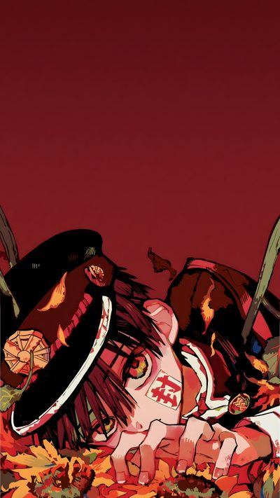 an image of a cartoon character laying on the ground Hanako Halloween Toilet Bound Hanako, Toilet Bound Hanako Kun, Hanako Kun Official Art, maroon