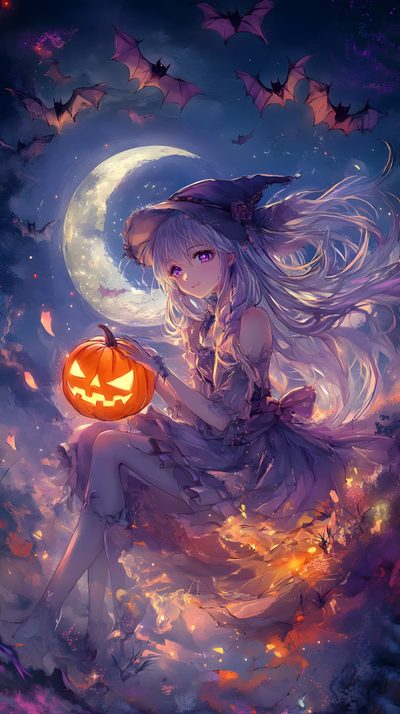 a girl in a dress holding a pumpkin Halloween Anime Hd Anime Halloween Aesthetic, Anime Halloween Phone, Iphone Kawaii Halloween, dark slate blue