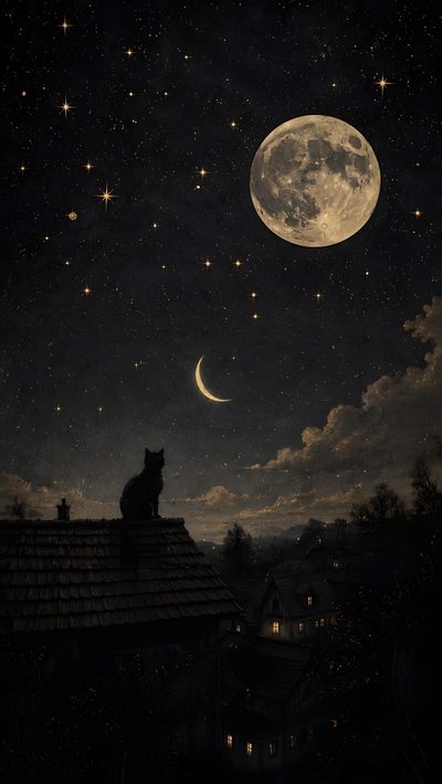 a cat sitting on top of a roof under a full moon and stars filled sky Rainy Halloween Night Sky Dark Of Moon, Black Background Cat, Backgrounds Night Sky, Moon Wallpaer,