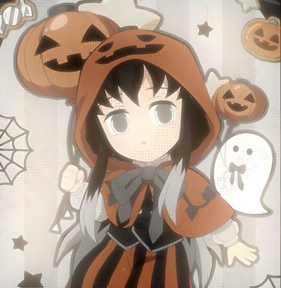 an anime character dressed as a witch with pumpkins and ghost faces on her head Halloween Muichiro Demon Slayer Pfp Halloween, Kny Pfp Halloween, Demon Slayer Christmas Pfp Muichiro, tan