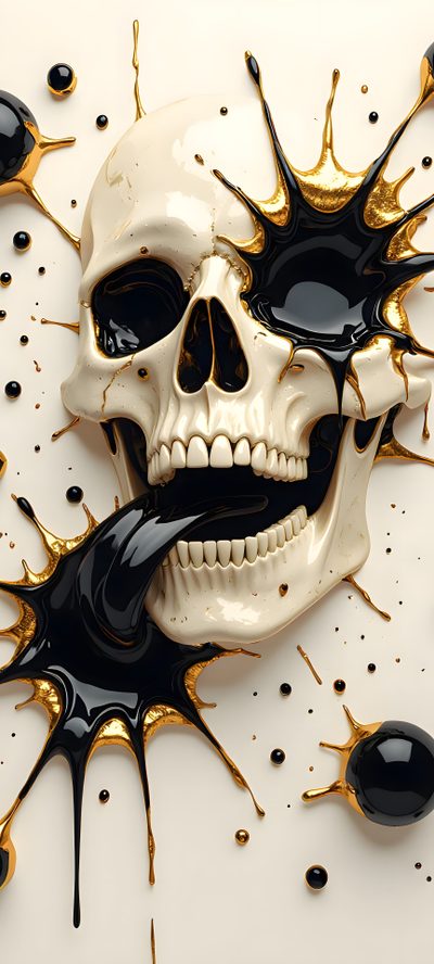 a skull with black and gold paint splattered on it Halloween Skull 4k Iphone Skull, Skull Iphone, Calavera Iphone, 3d Skull, Skull 3d, Skull, light gray