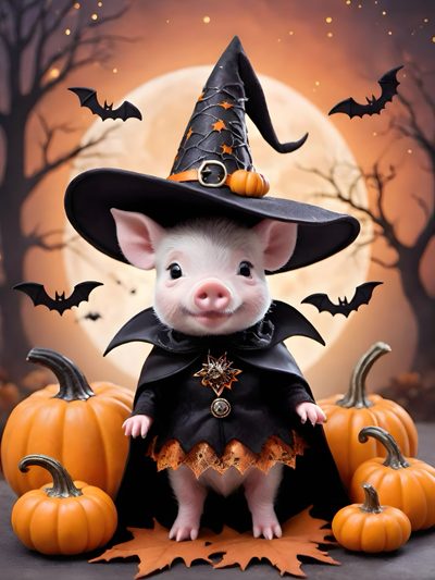 a little pig dressed up as a witch Halloween Pig Halloween Pig Clipart, Cute Halloween Pig, Halloween Pigs, Halloween Farm Animals, sienna