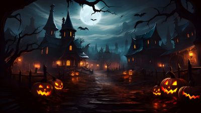 an image of a halloween scene with pumpkins Halloween Village 4k Prom Backdrops, Types Of Lighting, Halloween Graveyard, Castle Backdrop, black