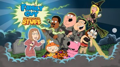 family guy the quest to stuff is shown in this animated image, with many characters surrounding it Family Guy Halloween Family Guy Halloween, Family Guy Ghost, Family Guy Pc, Family Guy Laptop, dim gray