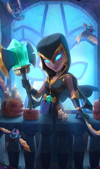 an animated character holding a hammer in front of a table with candles and pumpkins Clash Royale Halloween Clash Royal, Witch Clash Of Clans, Wizard Clash Royale, dark slate blue