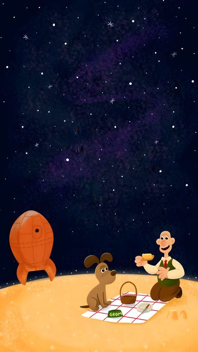 a man sitting on top of a table next to a dog and an orange turtle Wallace And Gromit Halloween Background Wallace And Gromit Spaceship Drawing, Wallace And Gromit Space, Wallace And Gromit Rocket, black