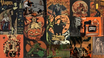 a collage of halloween images with pumpkins, witches and other things on them Vintage Halloween Art Laptop Spooky Laptop, Fall Computer Backgrounds, Poster Collage, dark olive green